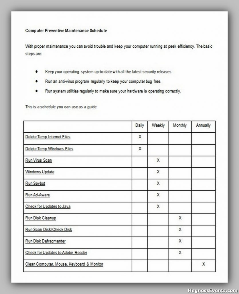 Computer Maintenance Schedule Template