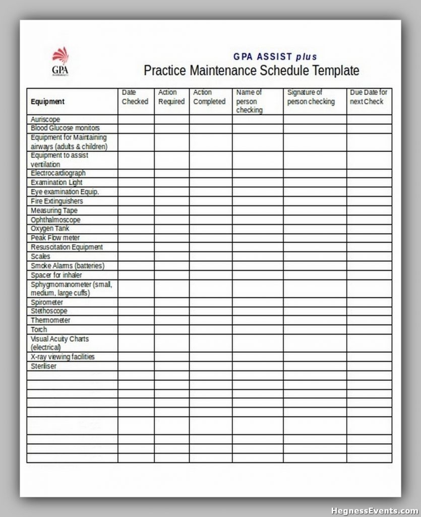 Practice Maintenance Schedule Template