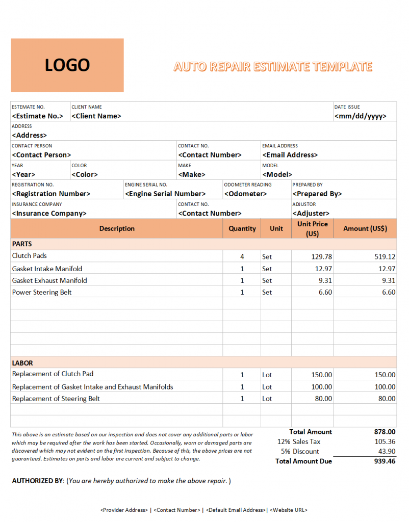 Auto Repair Estimate Template