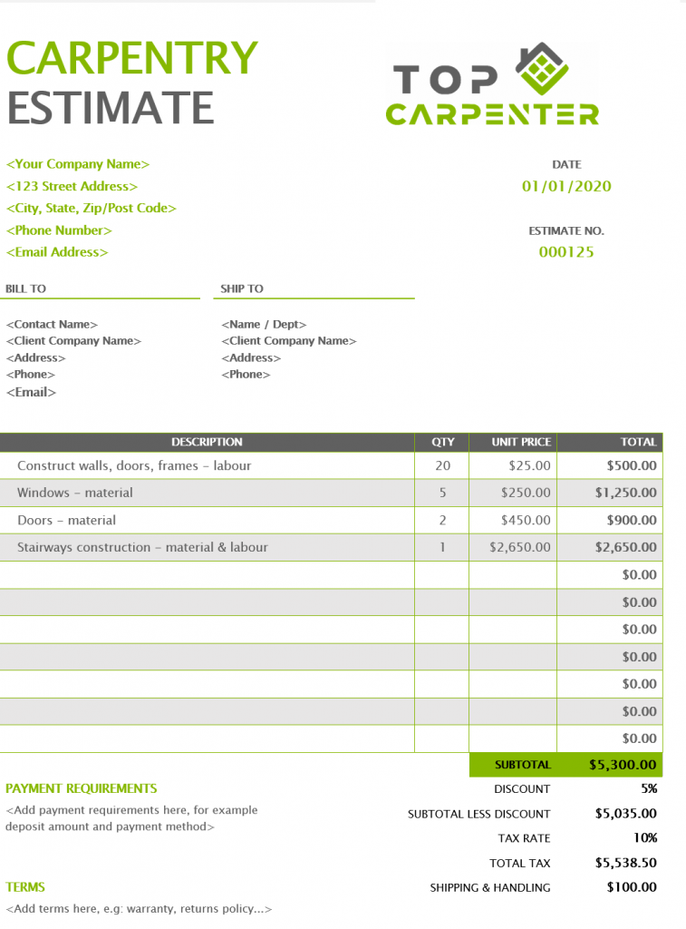 Carpentry Estimate Template