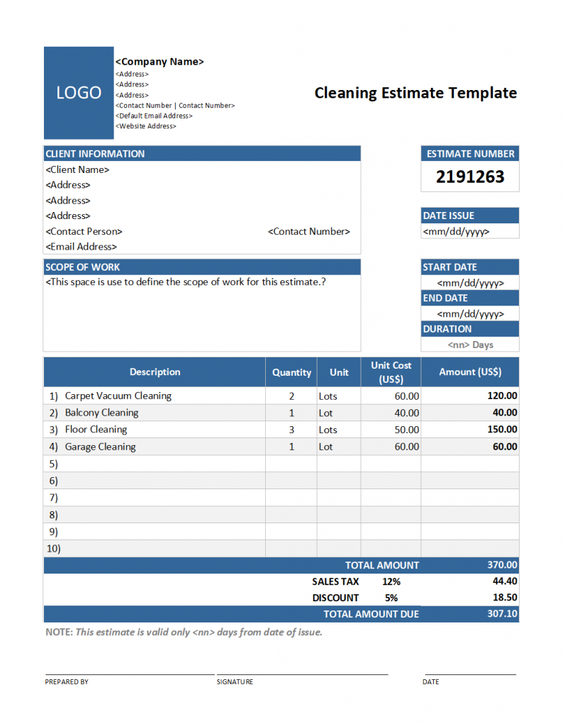 Cleaning Estimate Template