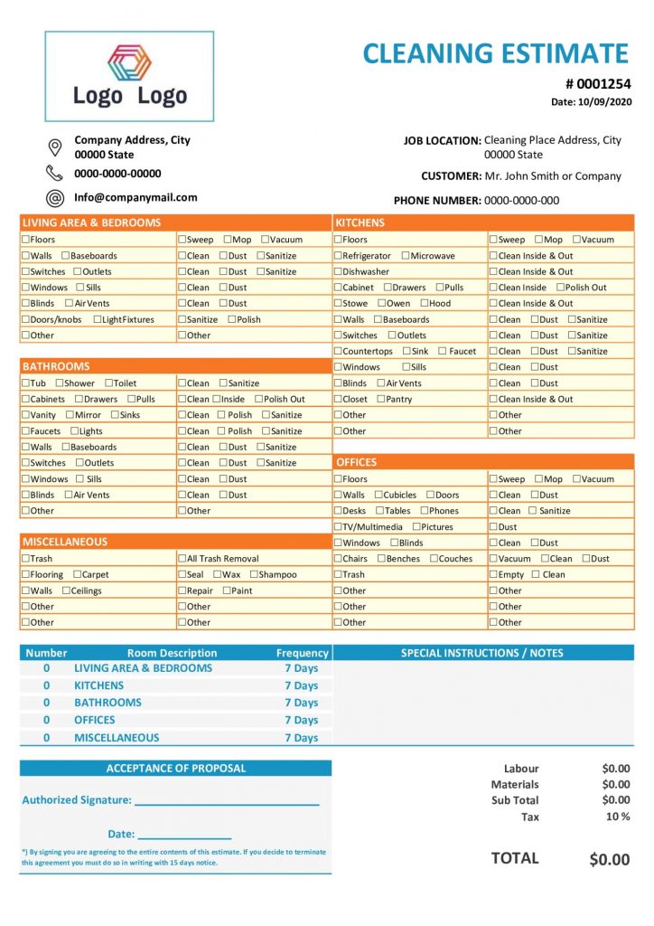 Cleaning Estimate Template free