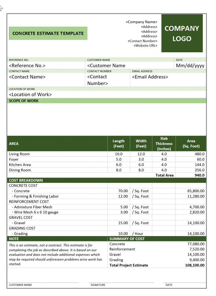 Concrete Estimate Template