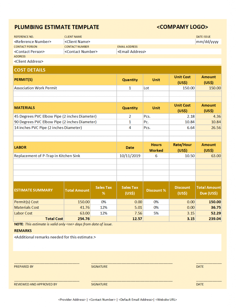 Plumbing Estimate Template