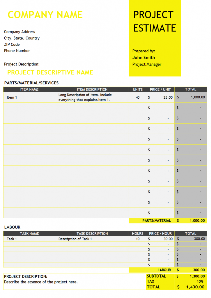 Project Estimate Template