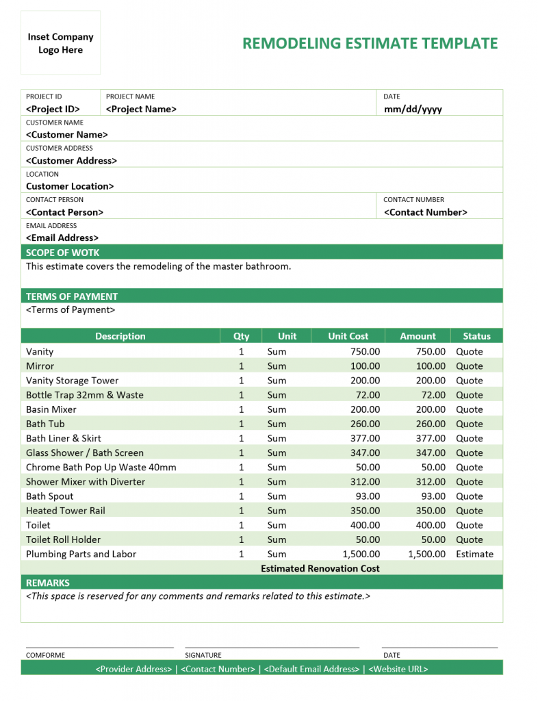 Remodeling Estimate Template