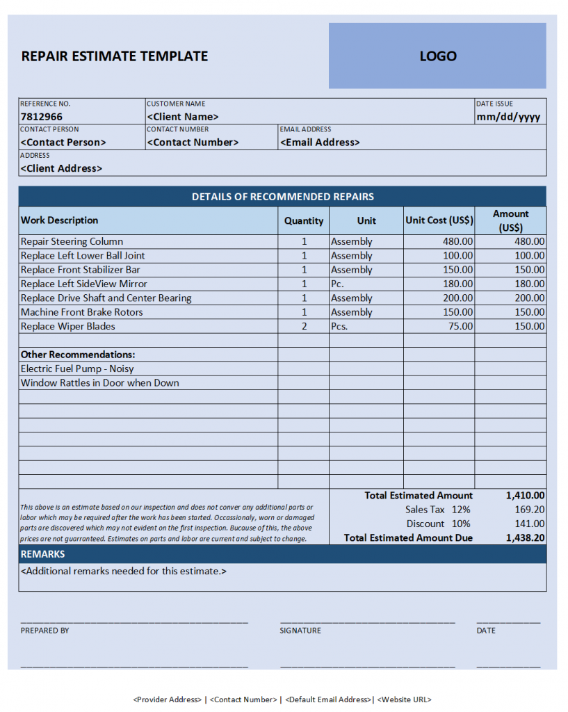 Repair Estimate Template