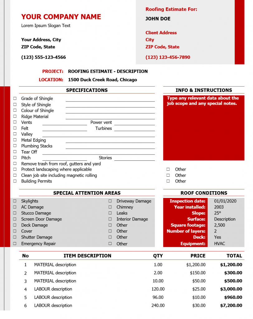 Roofing Estimate Template