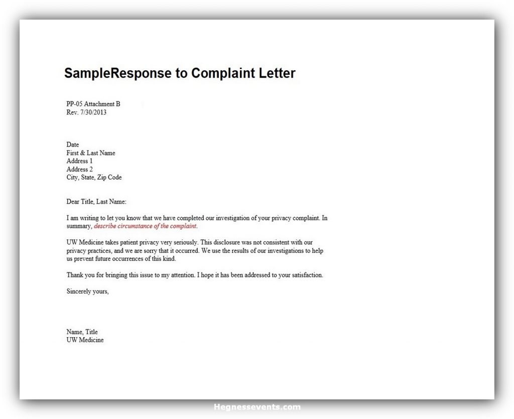 letter of complaint assignment