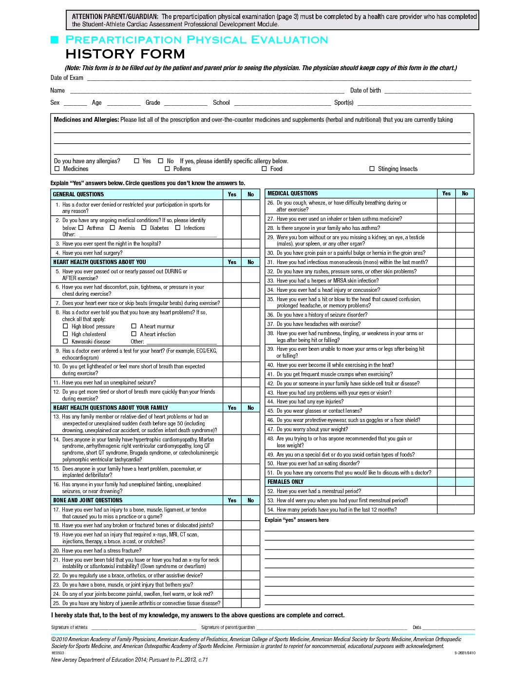 Preparticipation Physical Evaluation Form