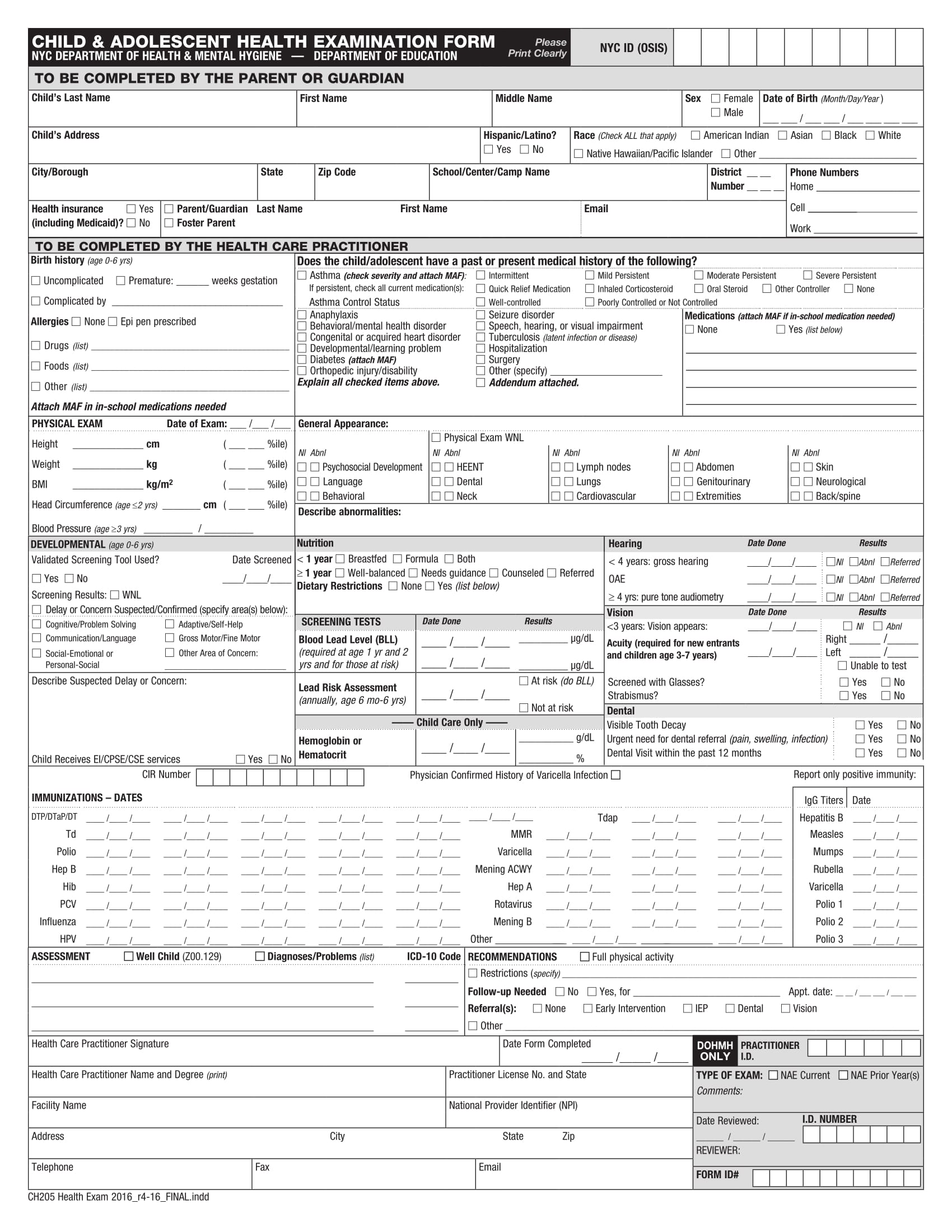 Physical Health Examination Form