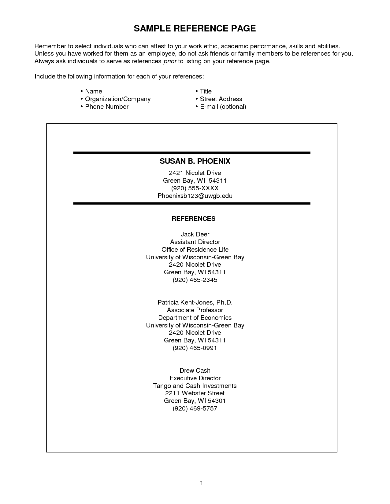 resume reference page example