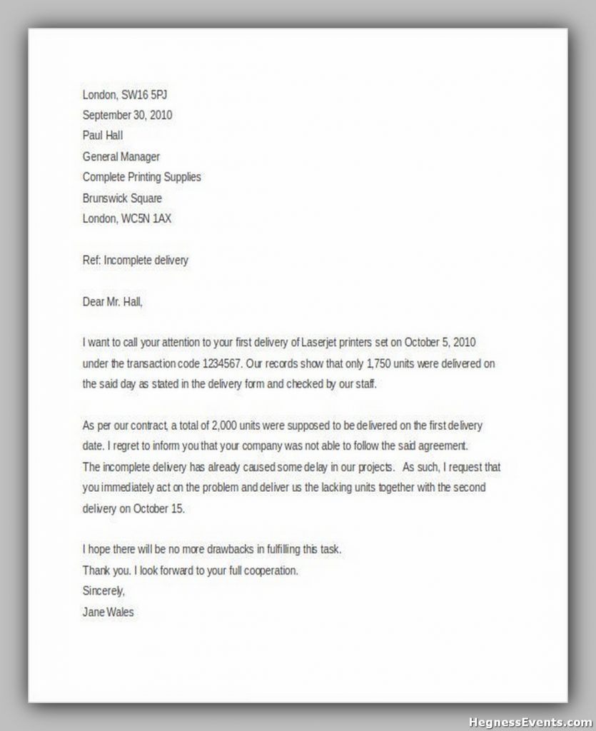 Business Complaint Letter Template