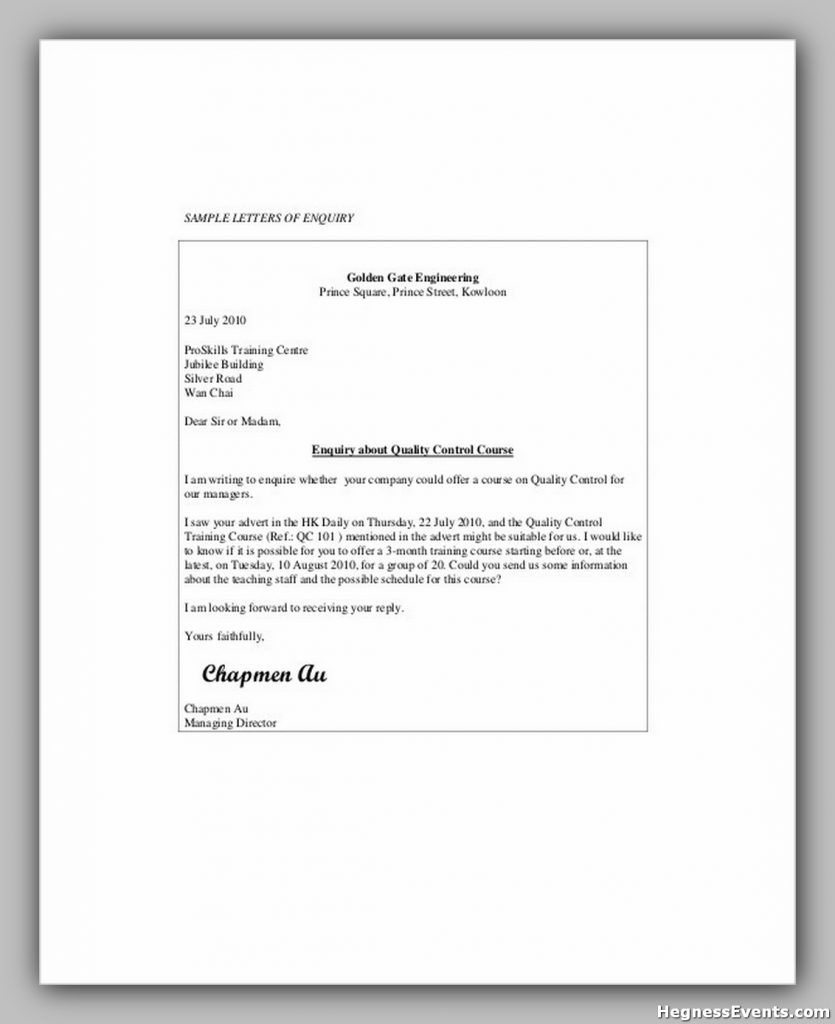 Business Enquiry Letter Example
