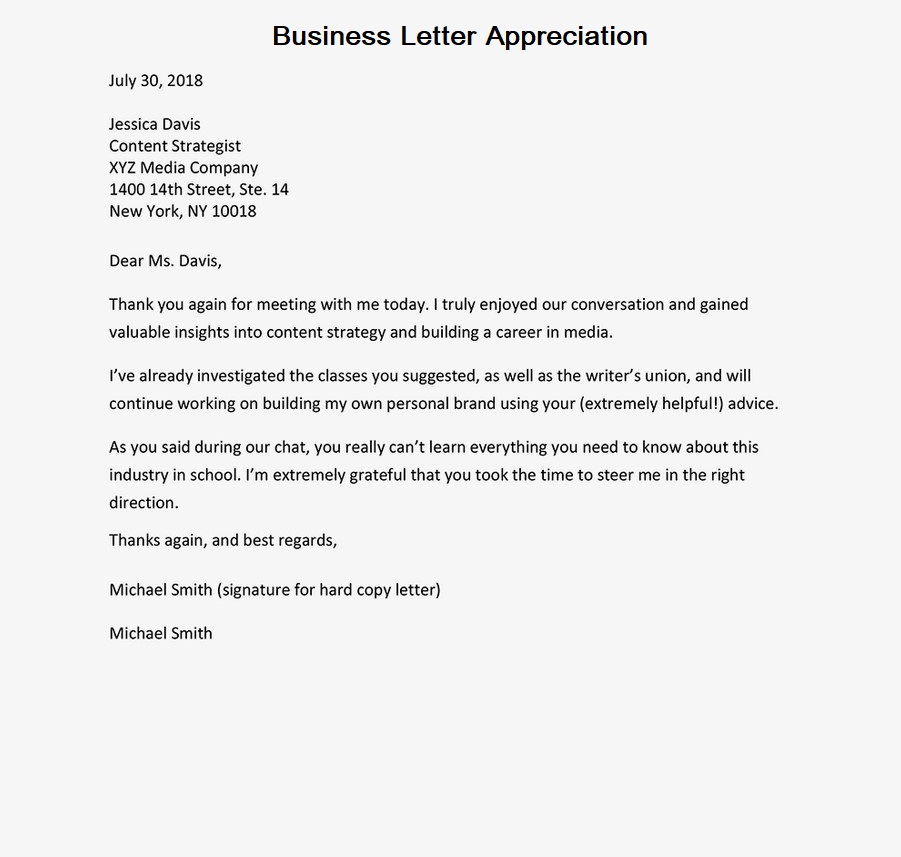 Business Letter Appreciation