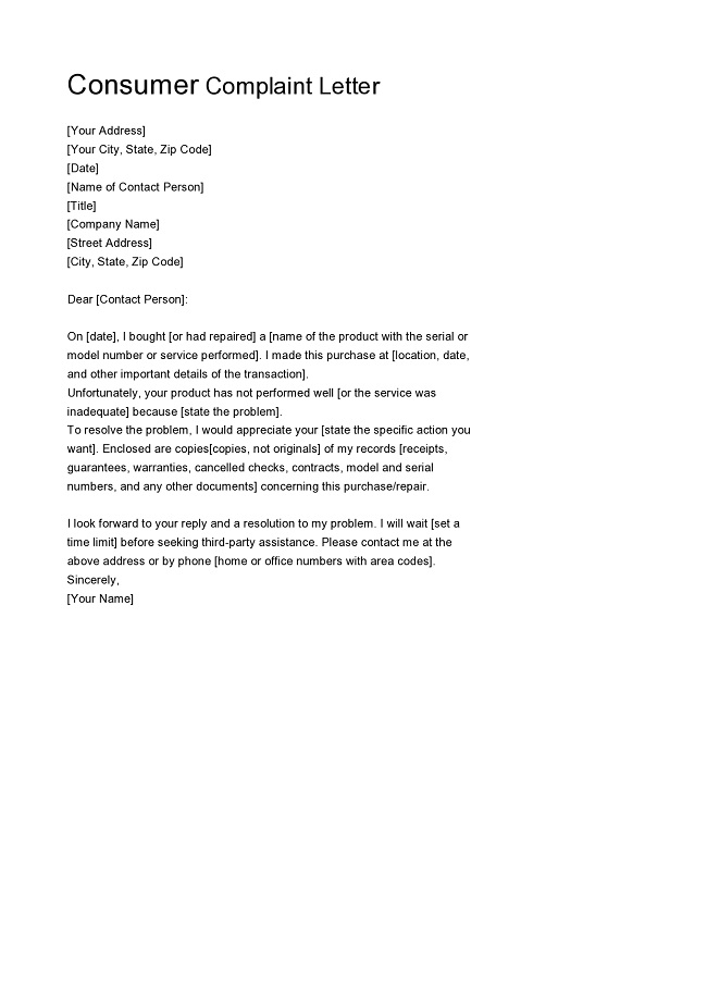 Consumer Complaint Letter