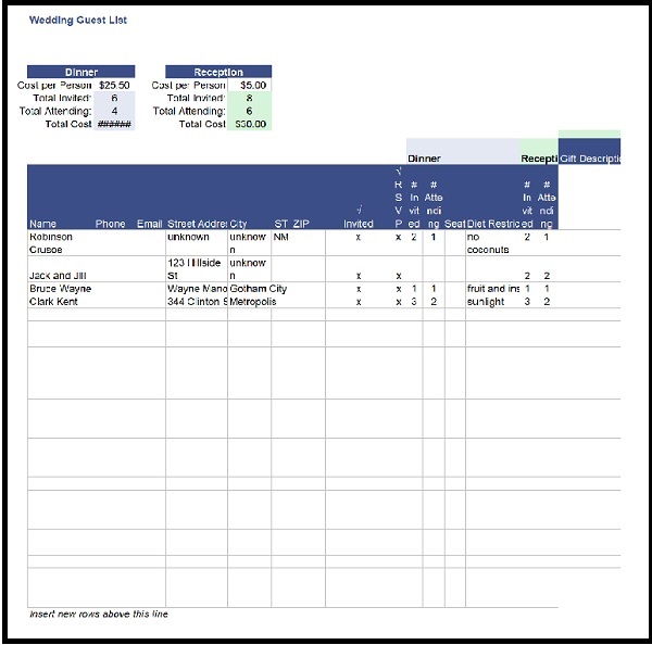 Wedding Guest List Spreadsheet