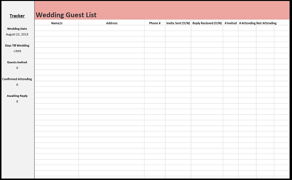 Wedding Guest List Tracker Template Excel