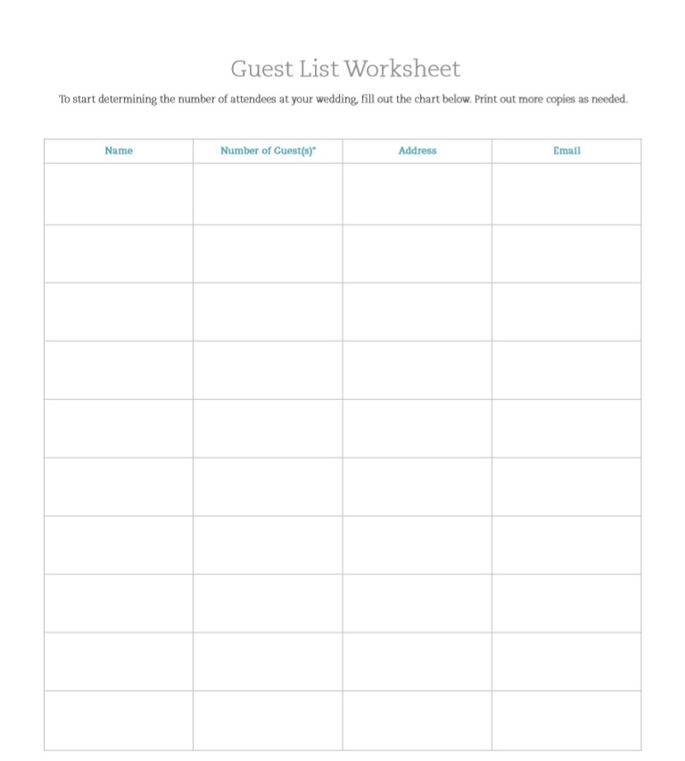 Wedding Guest List Worksheet