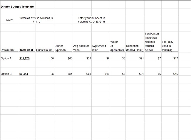 Free Dinner Event Worksheet