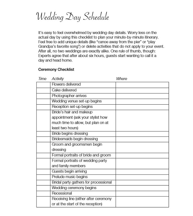 Wedding Event Schedule Template