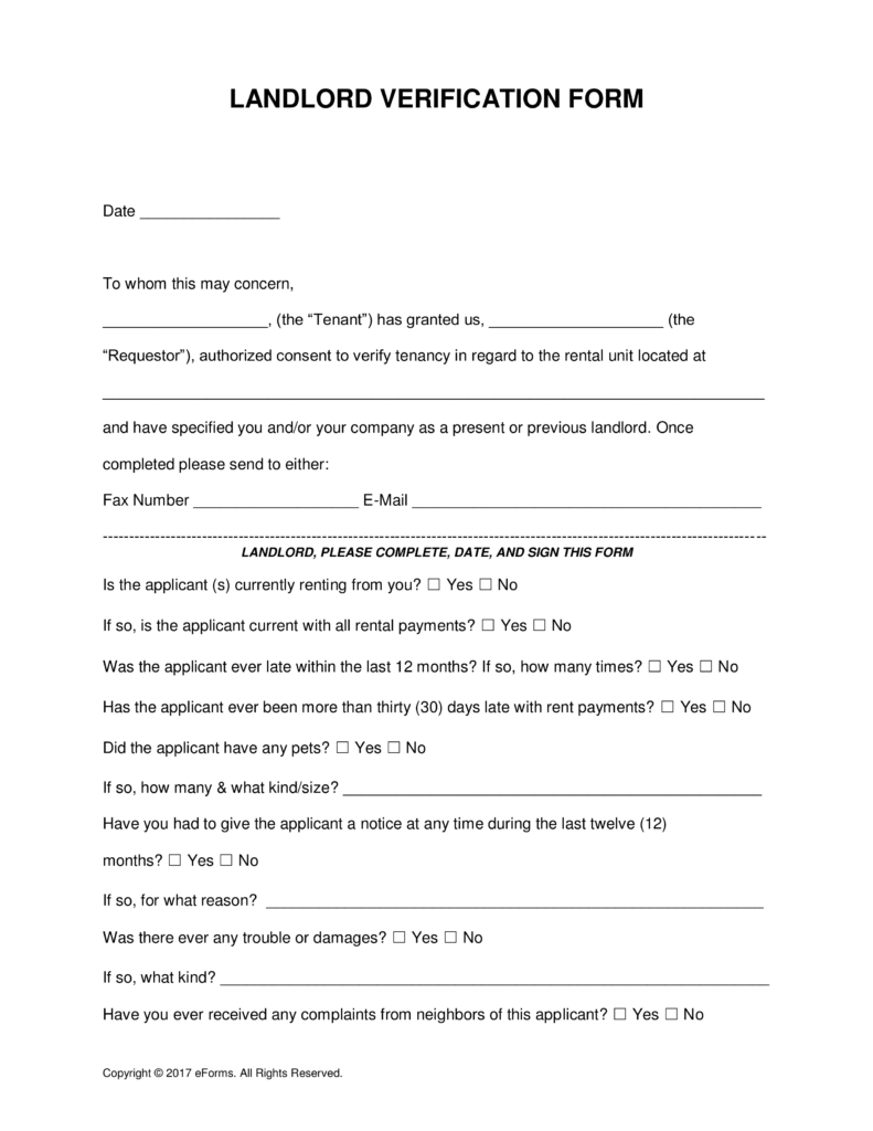 Free Rent (Landlord) Verification Form Word & PDF