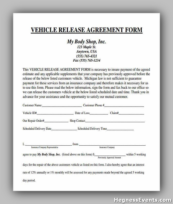 Agreement Form for Vehicle Release