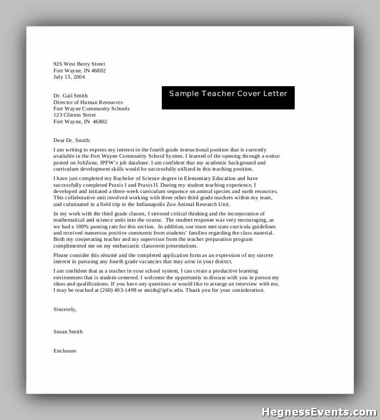 Cover Letter Example For Teacher