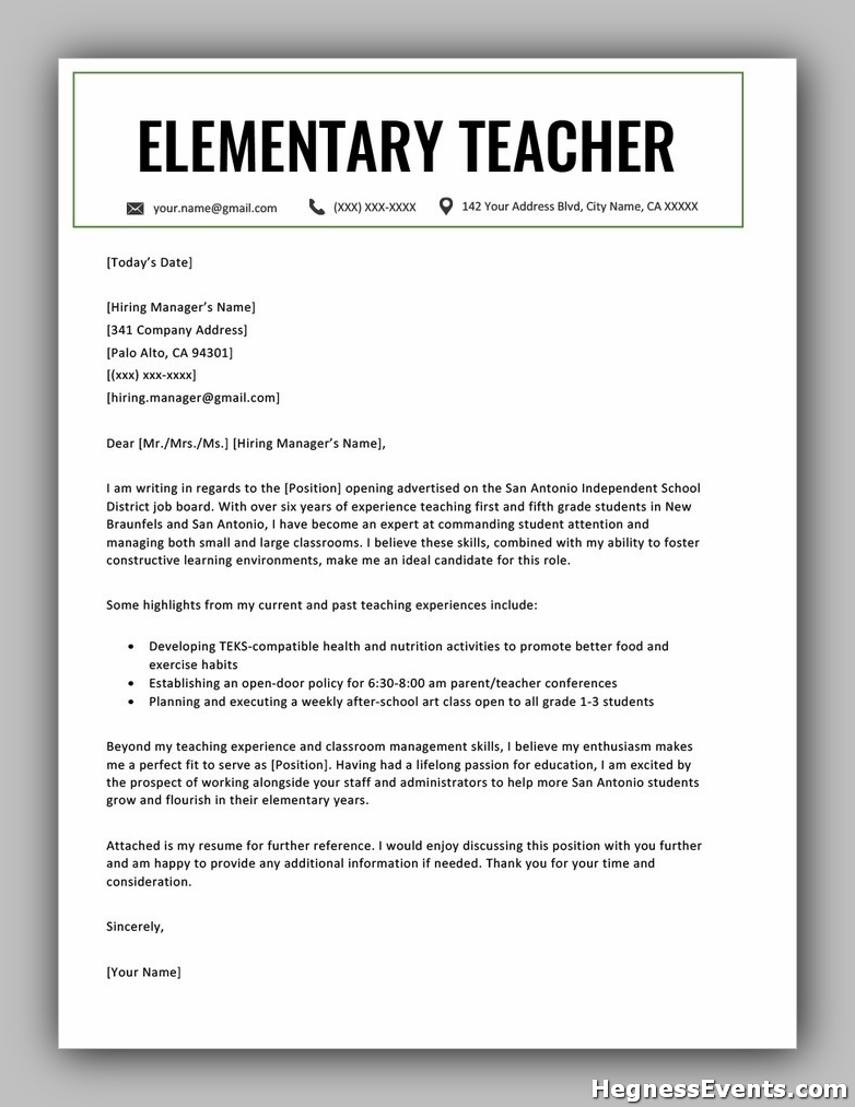 Elementary Teacher Cover Letter Example Template