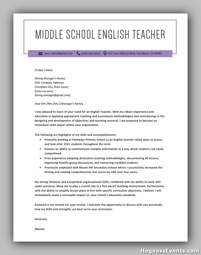 Middle School English Teacher Cover Letter