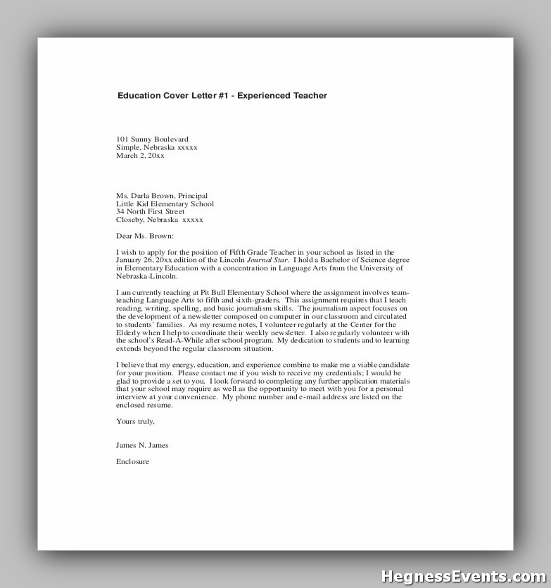 Sample Teacher Cover Letter With Experience