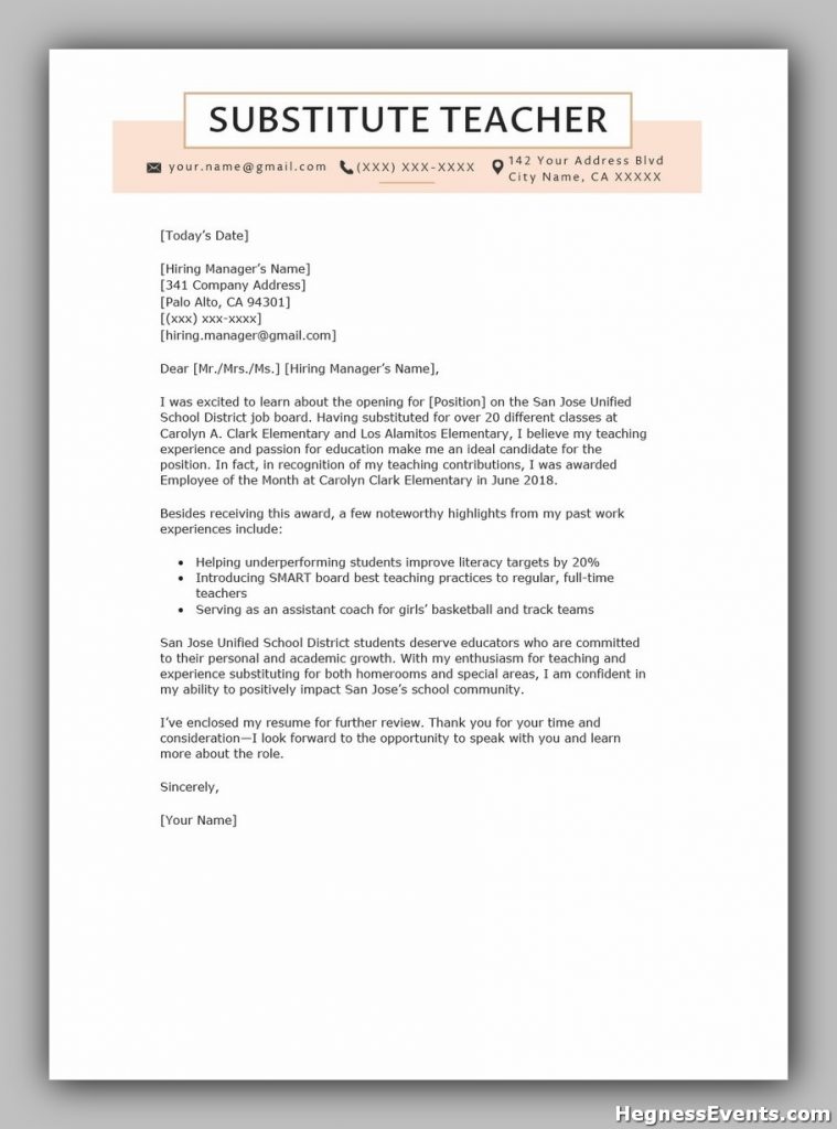 Substitute Teacher Cover Letter Example Template