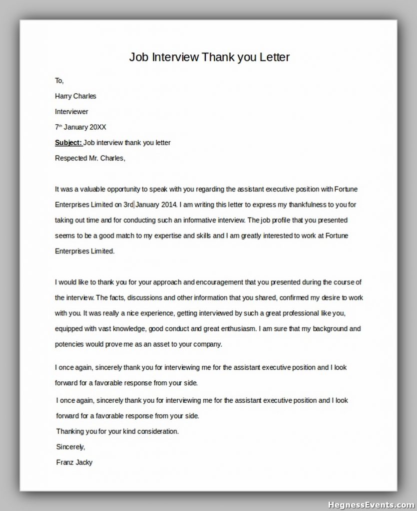 Job Interview Thank You Letter