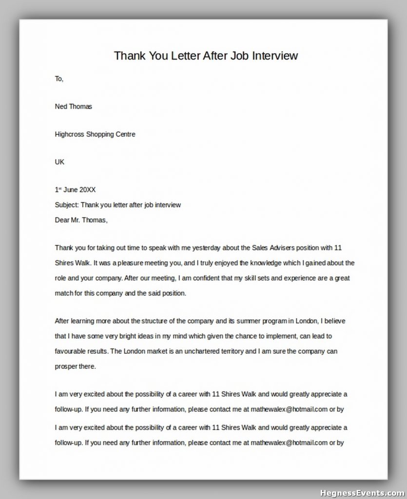 Sample Thank You Letter after Job Interview