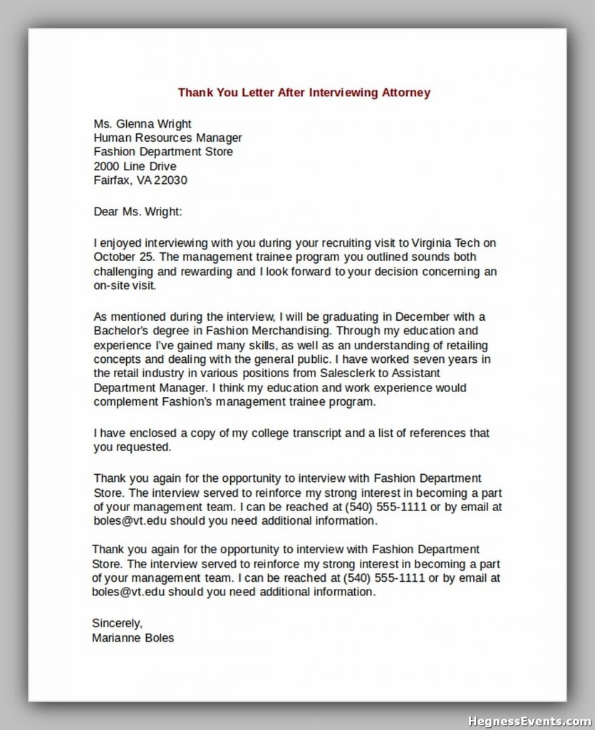 Thank You Letter After Interviewing Attorney