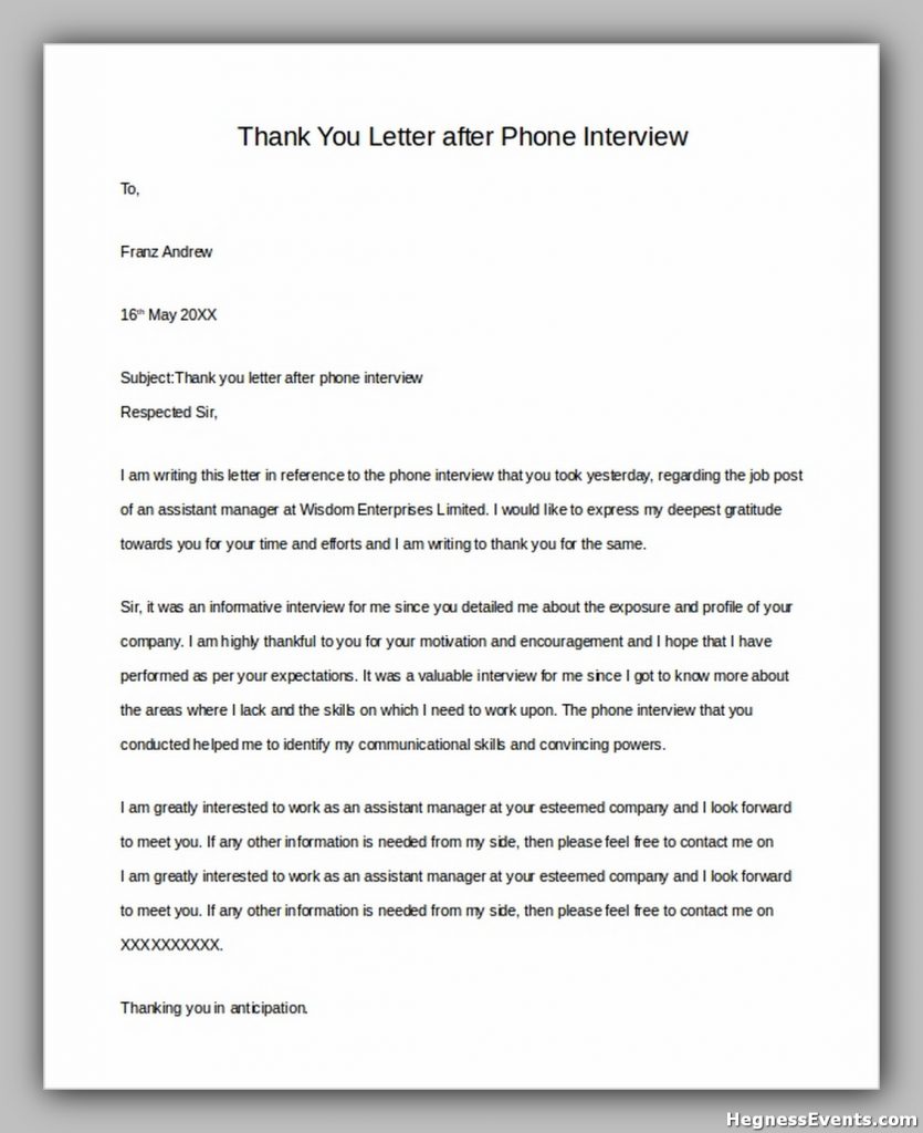 Thank You Letter After Phone Interview1