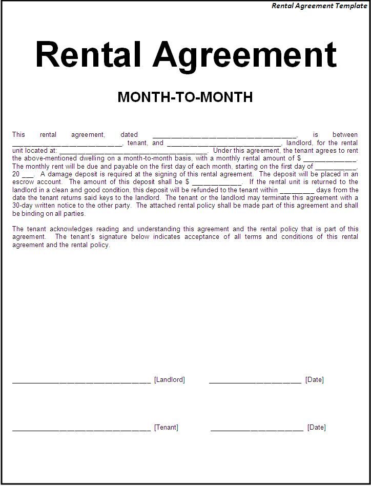 Month to month rental agreement form