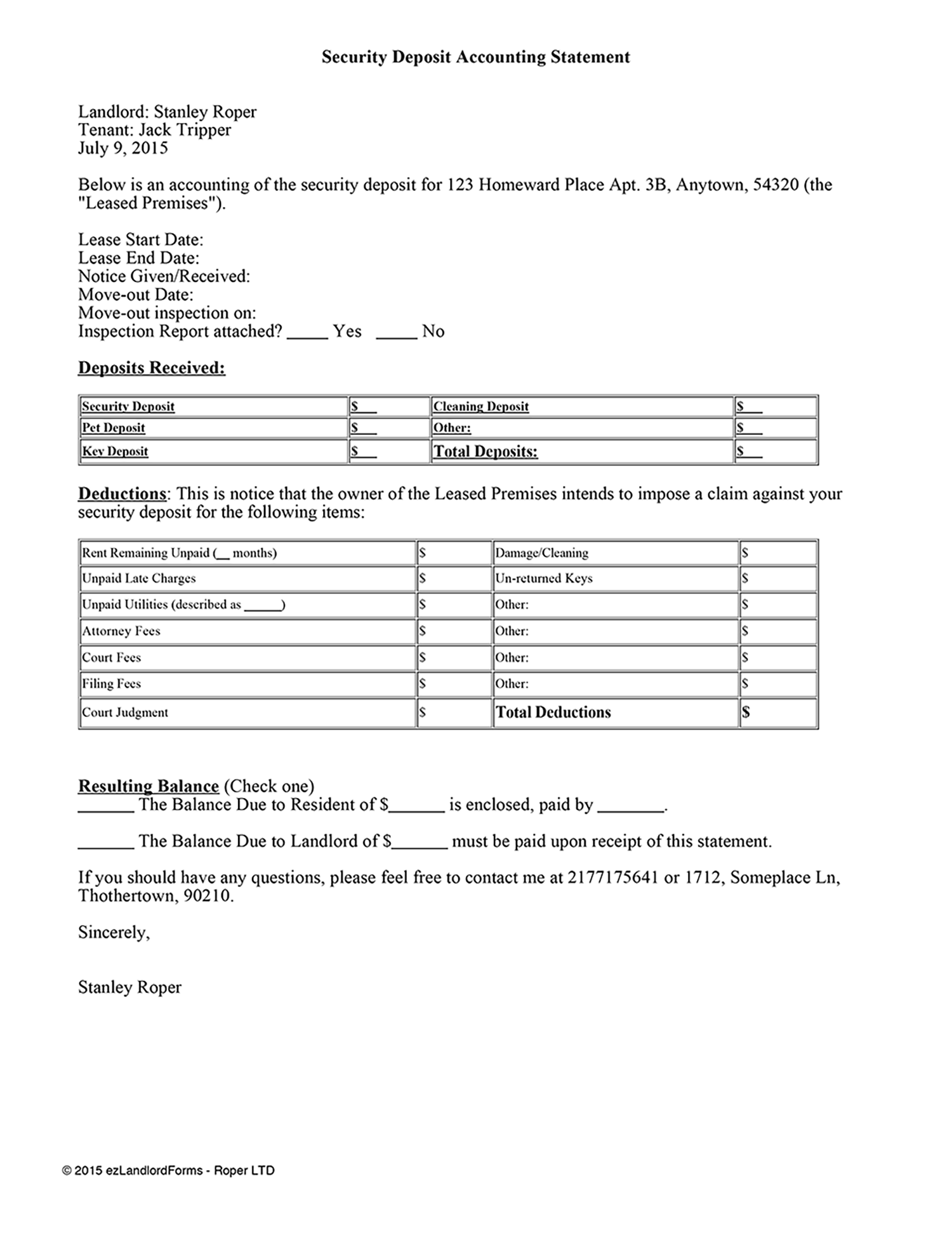 Free Security Deposit Return Letter