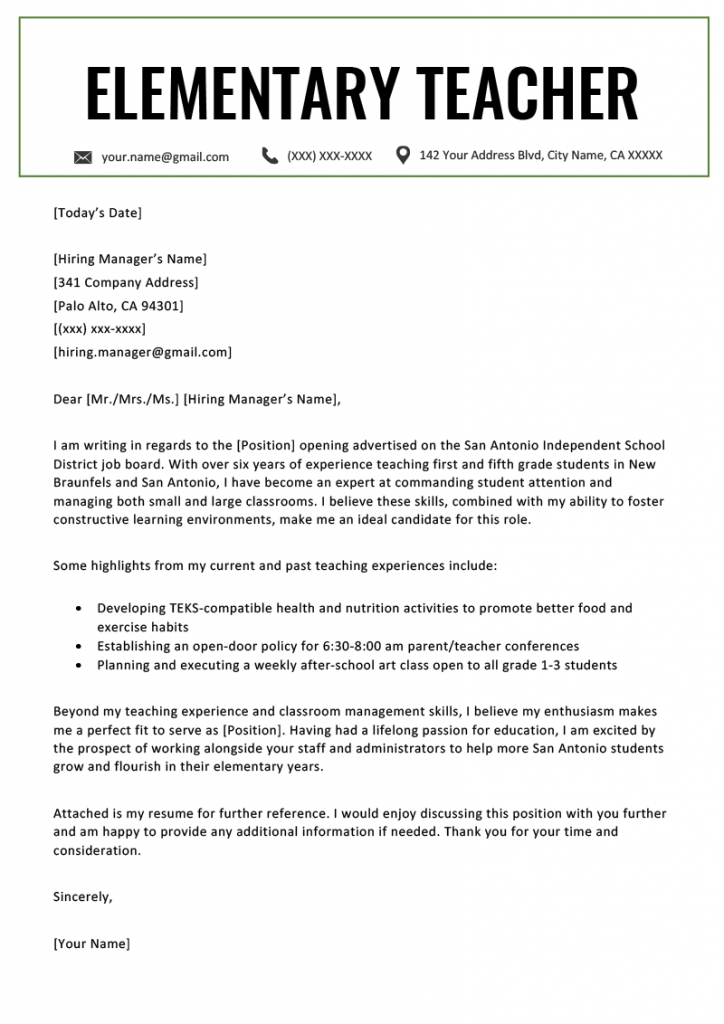 sample cover letter for kindergarten teacher