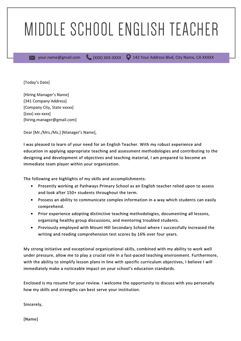 teacher cover letters middle school english teacher cover letter example template