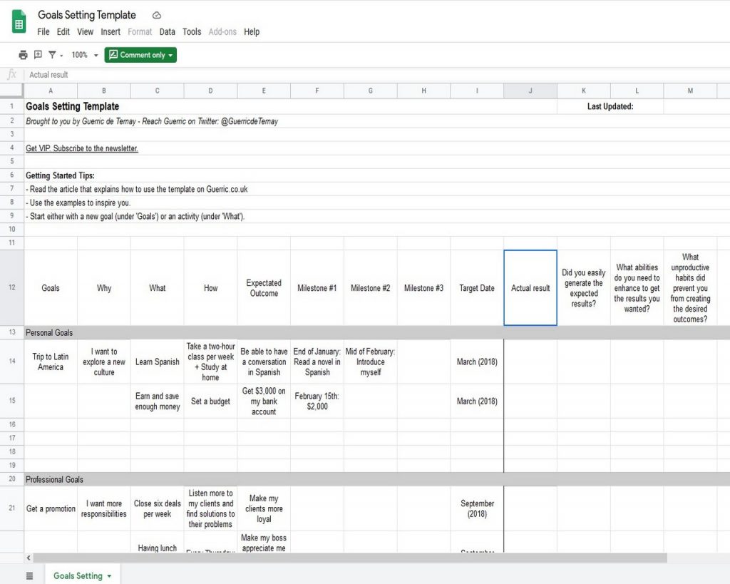 Goal Tracker Template Google Docs