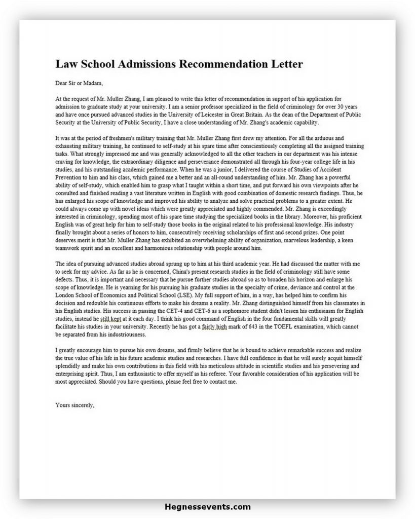 Law School Recommendation Letter 01