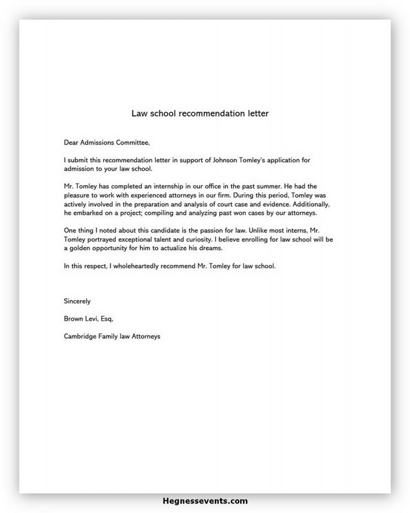 Law School Recommendation Letter