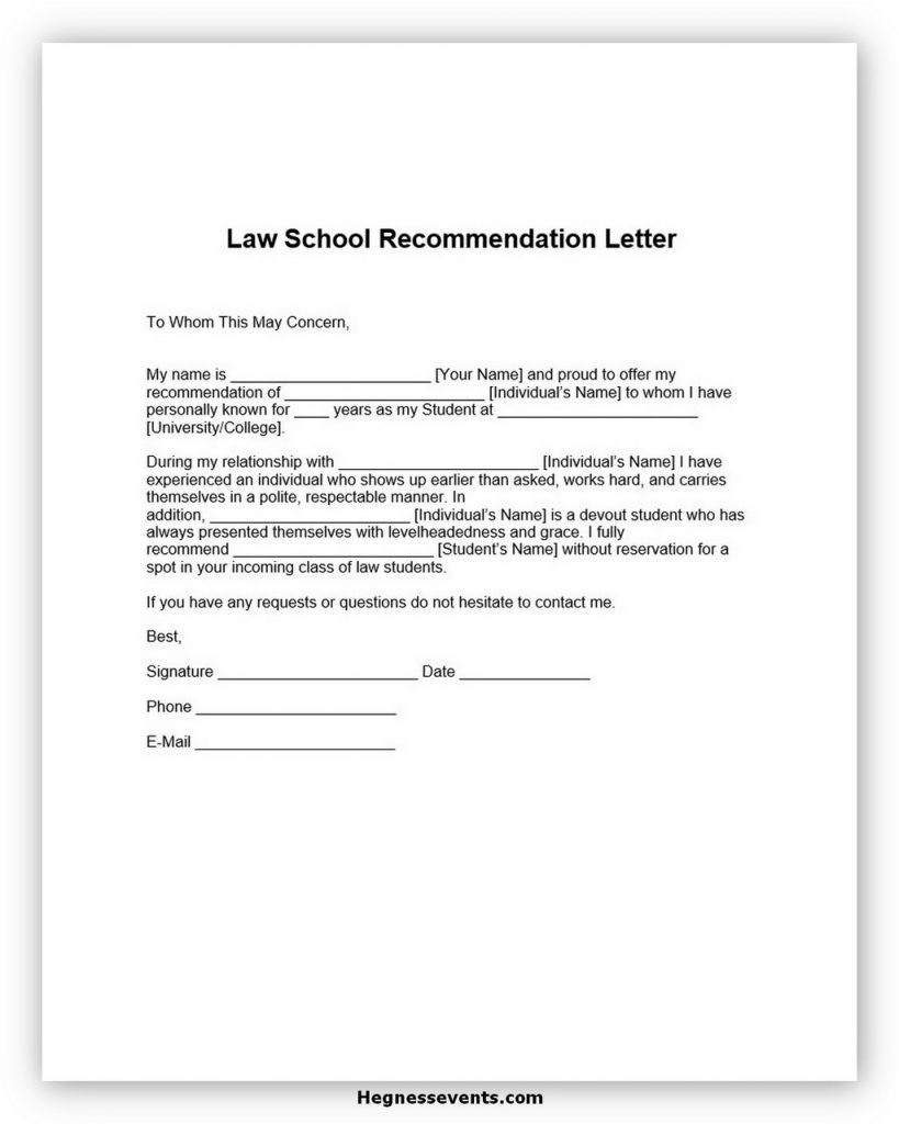 Law School Recommendation Letter Template