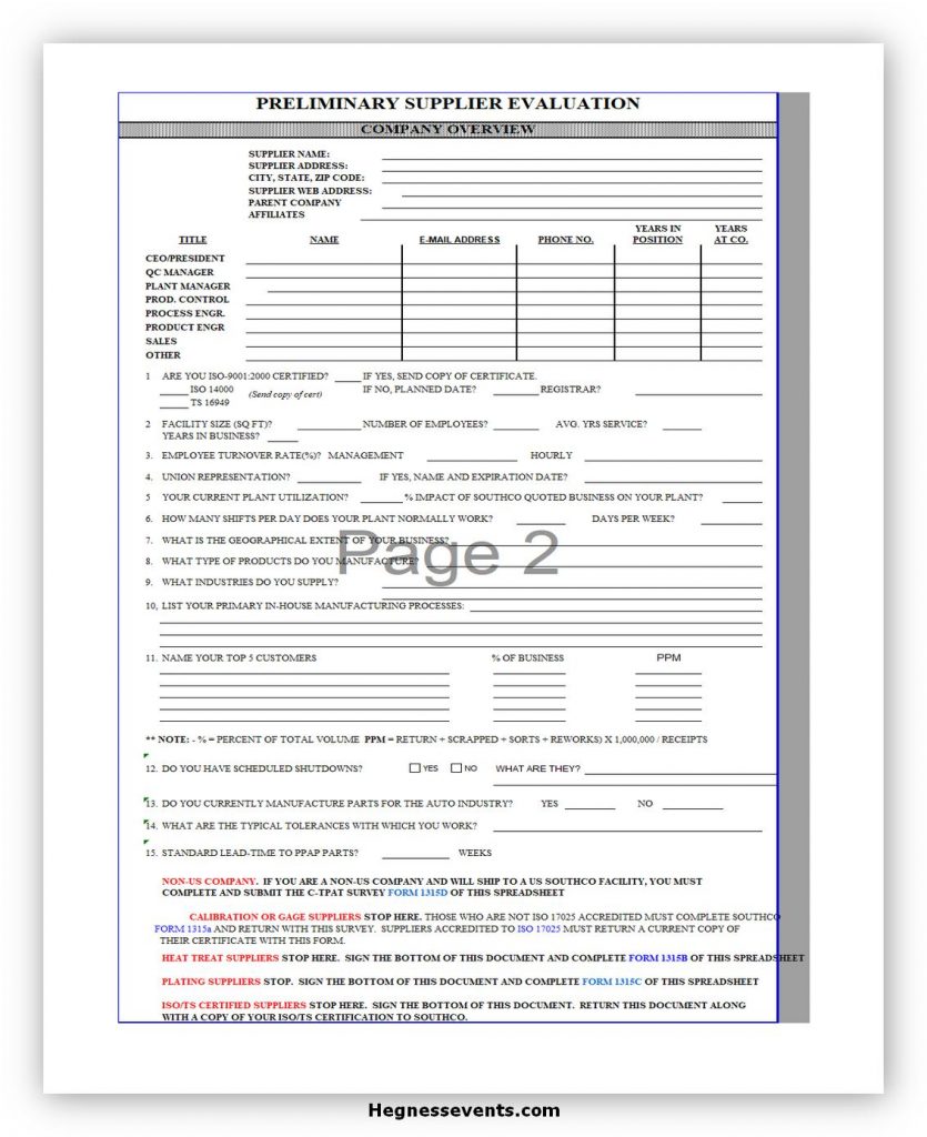 Preliminary Supplier Evaluation Form