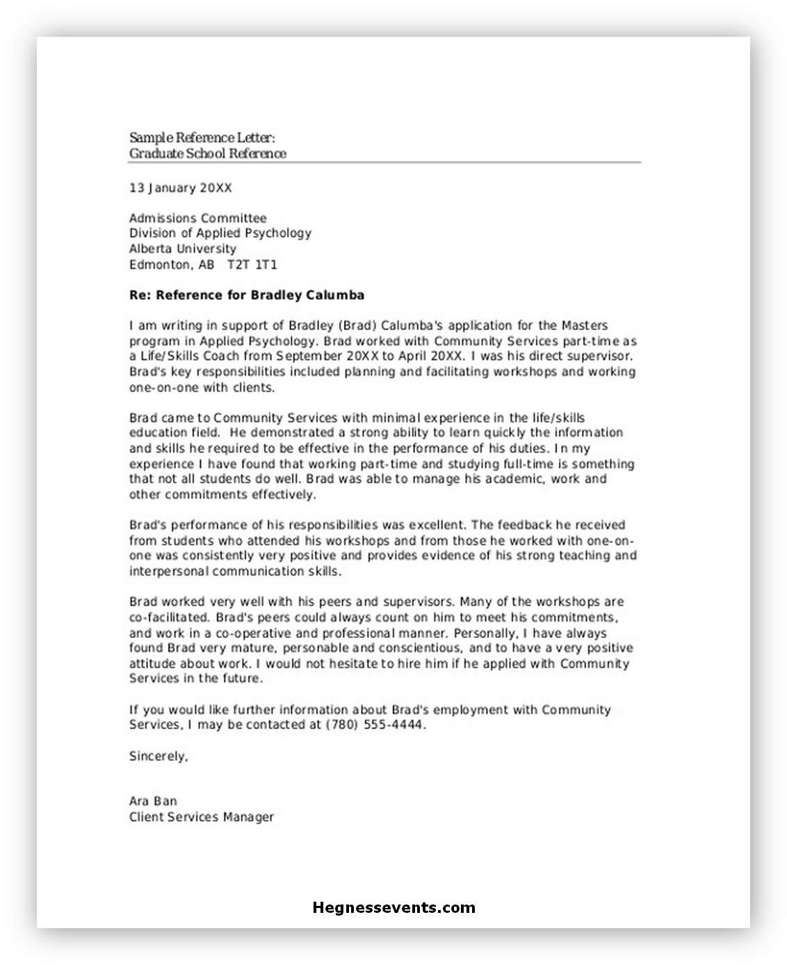 Sample Reference Letter For Graduate School