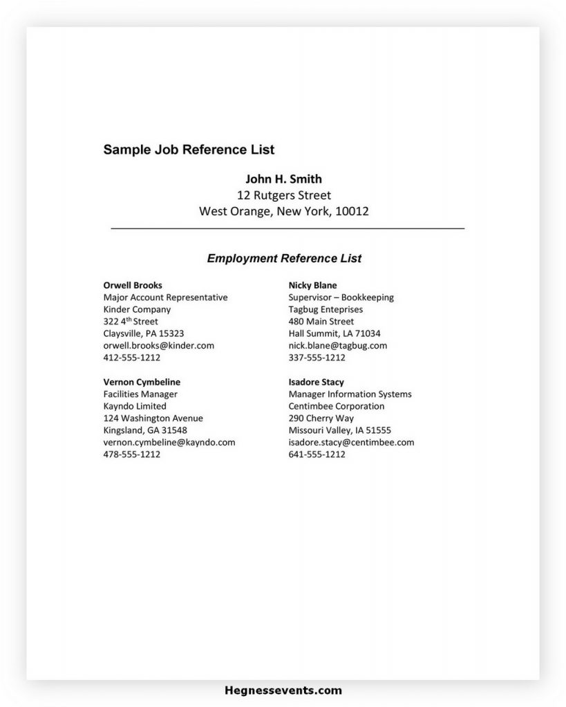 Sample Job Reference List Template