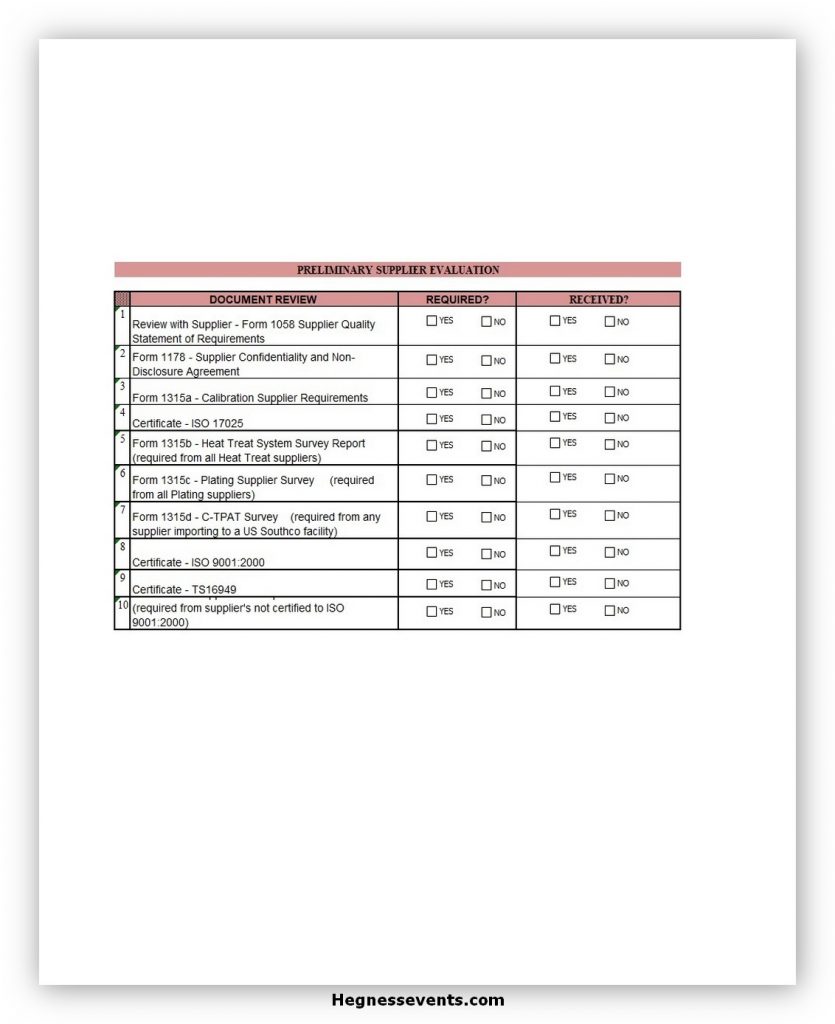 Supplier Evaluation Form Excel