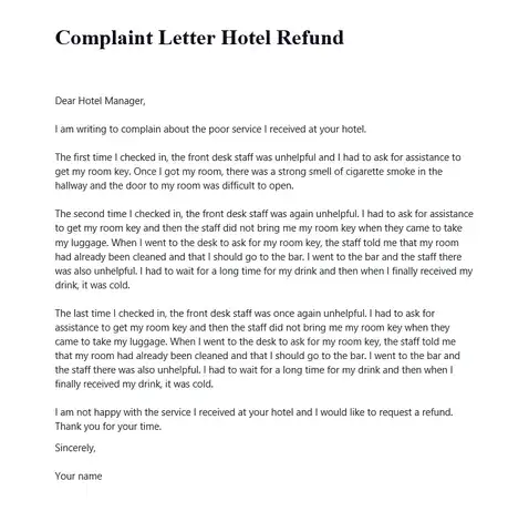 Complaint Letter Hotel Refund
