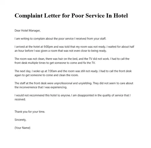 Complaint Letter for Poor Service In Hotel
